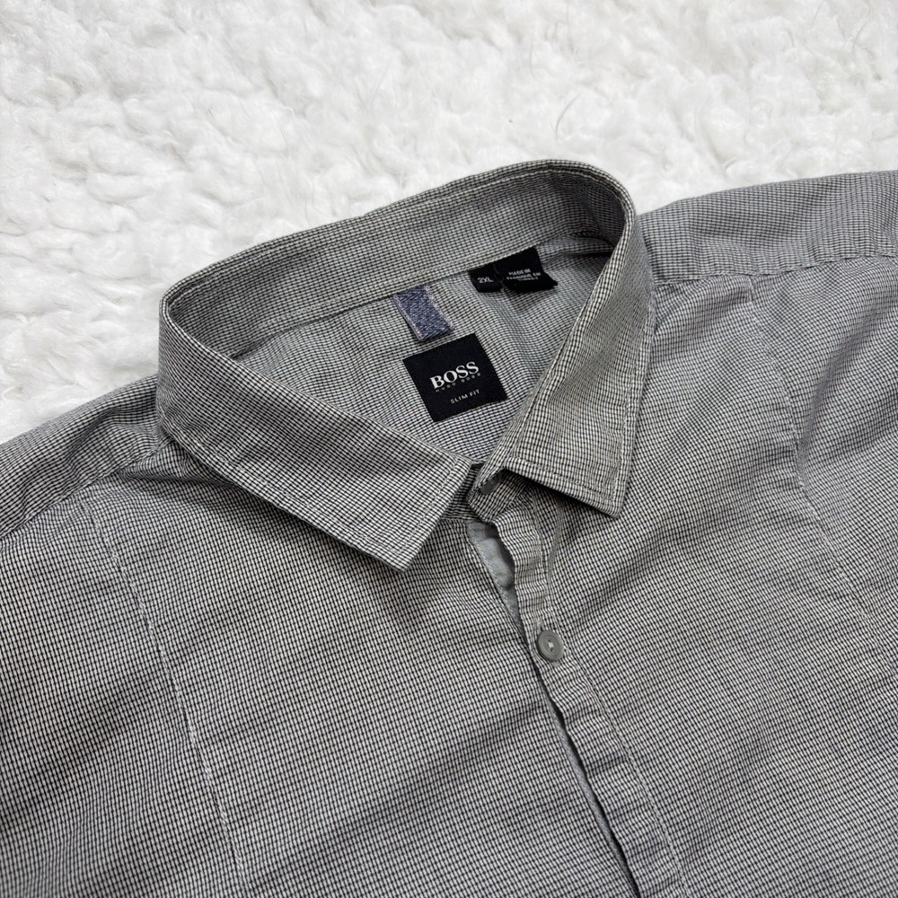 BOSS Hugo Boss Shirt 2XL Slim Fit Gray Check Long Sleeve Dress Men Office Formal